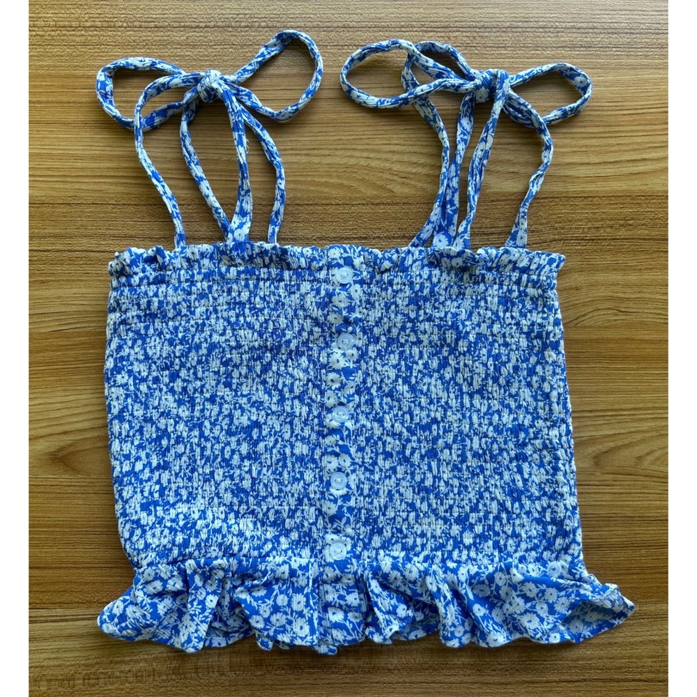Lost + Wander Blue Floral Smocked Tie Strap Cami Crop Top XS Cortagecore NWOT